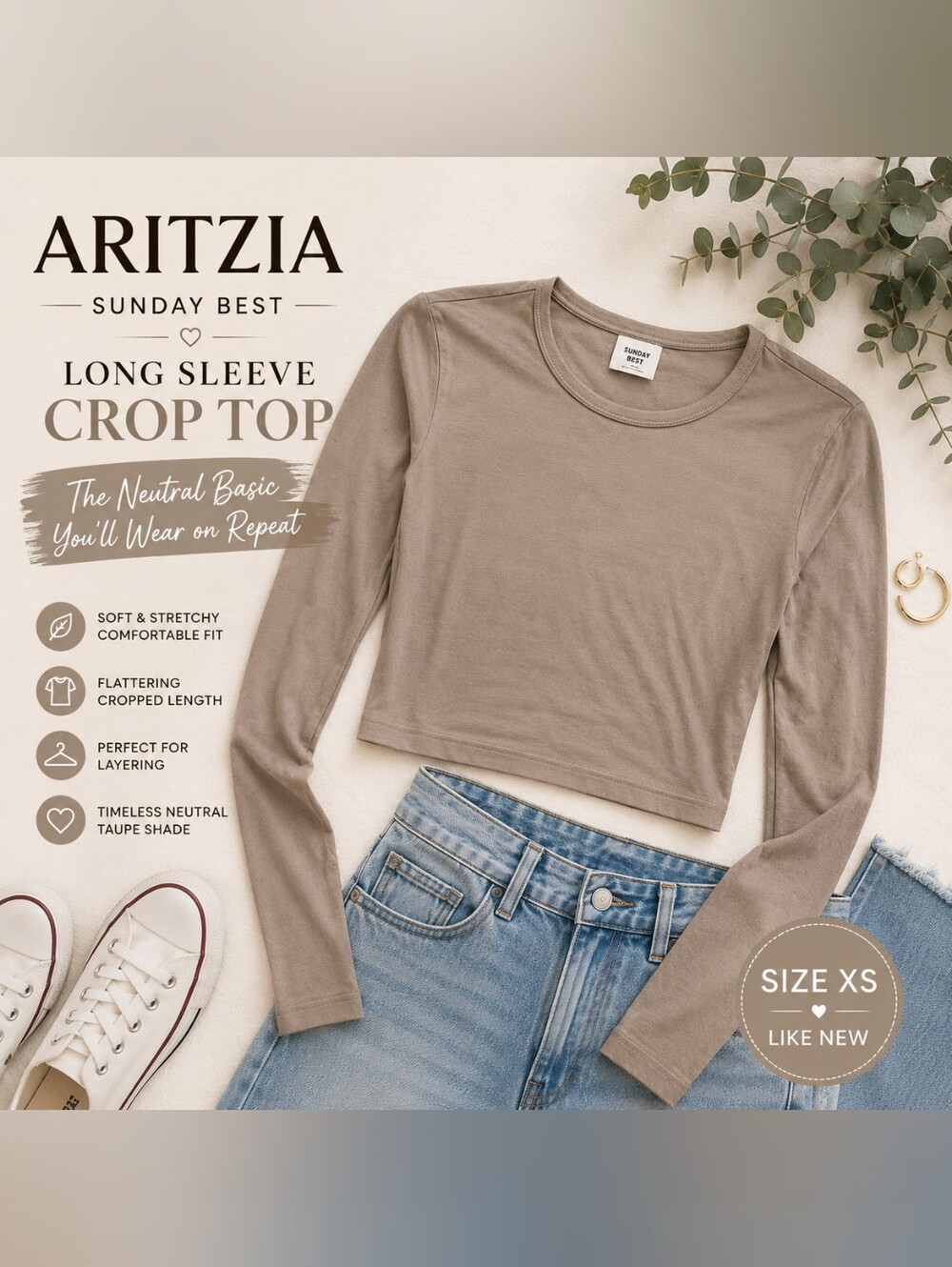 Aritzia Sunday Best Taupe Long Sleeve Crop Top XS | Neutral Fall Basic - Picture 2 of 3